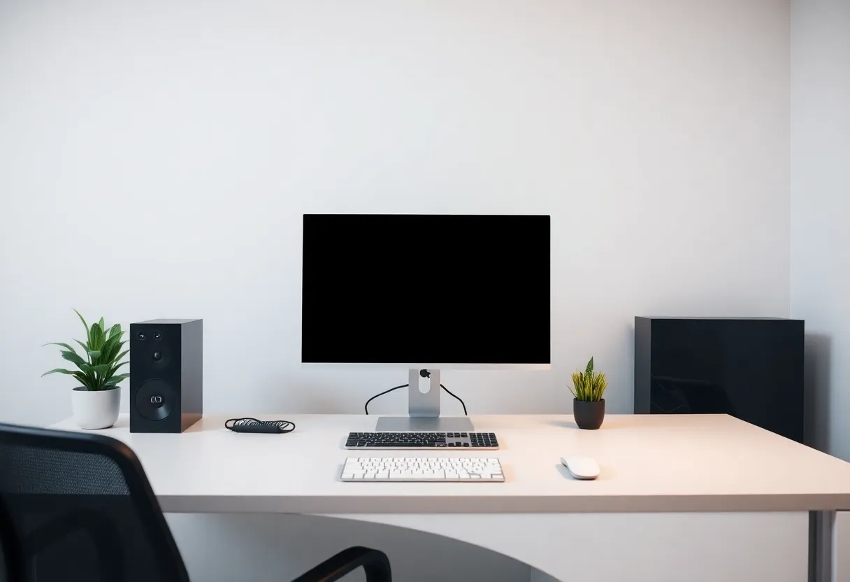 A bright desk with a single softly glowing monitor