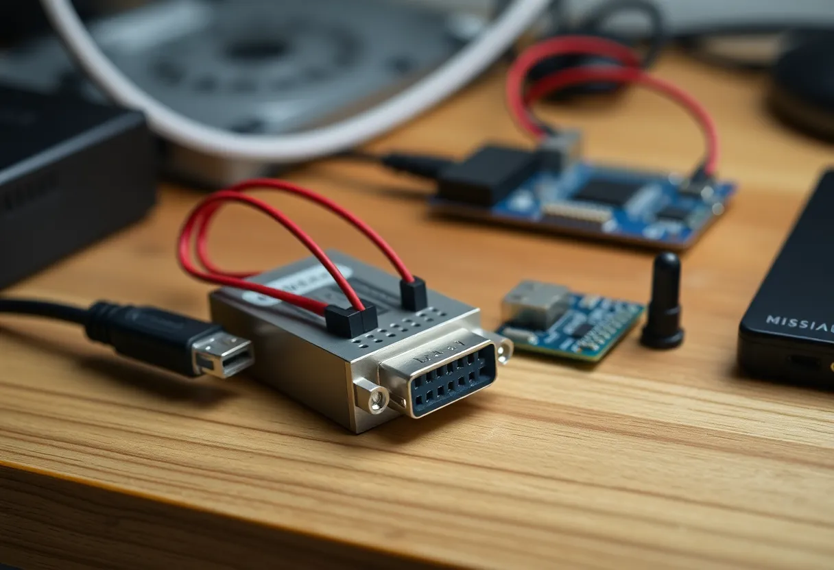 A USB serial adapter and jumper wires beside a small Wi-Fi module