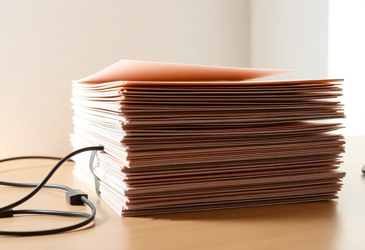 A stack of plain folders beside an unplugged cable