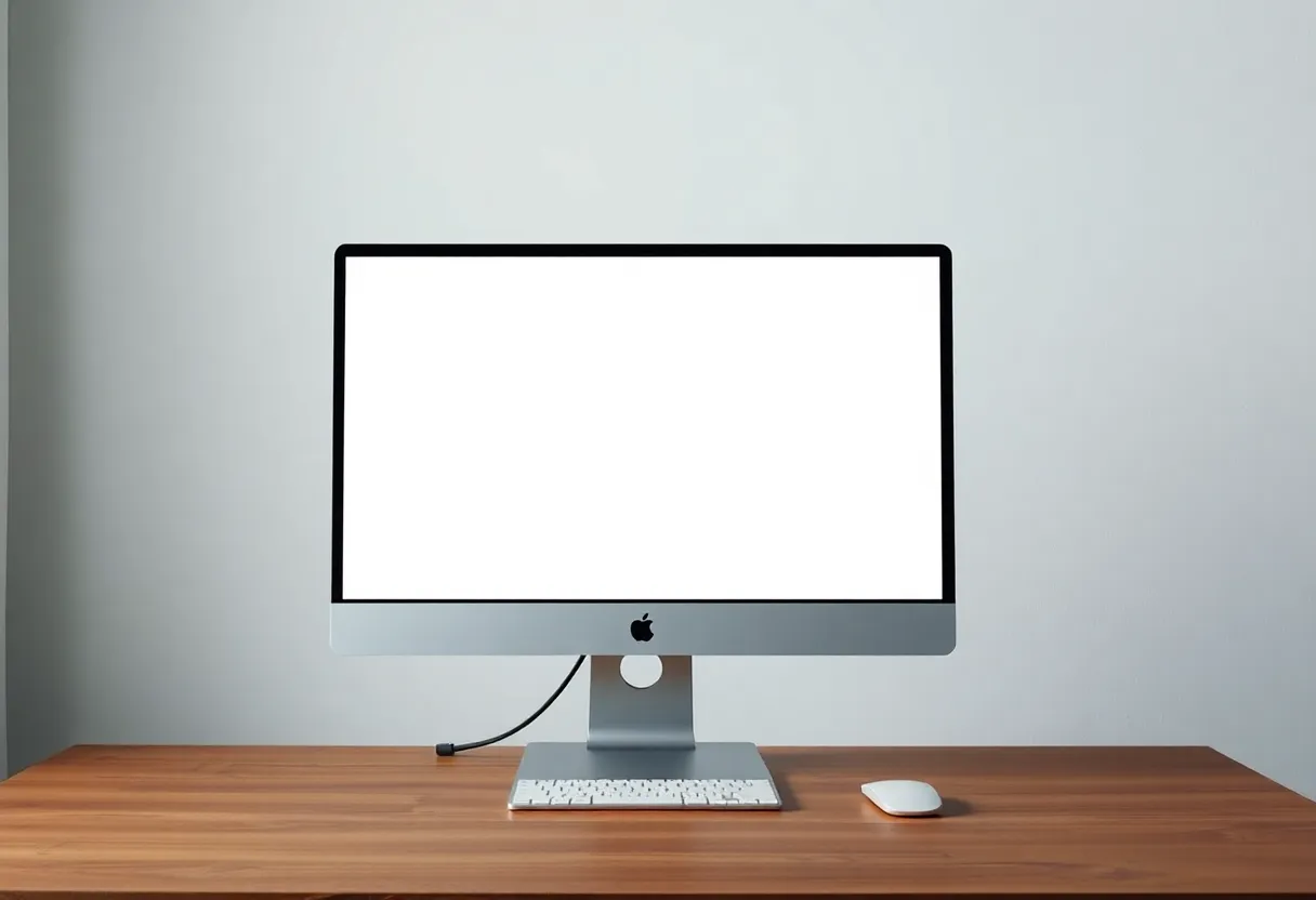 A switched-off monitor on a wooden desk