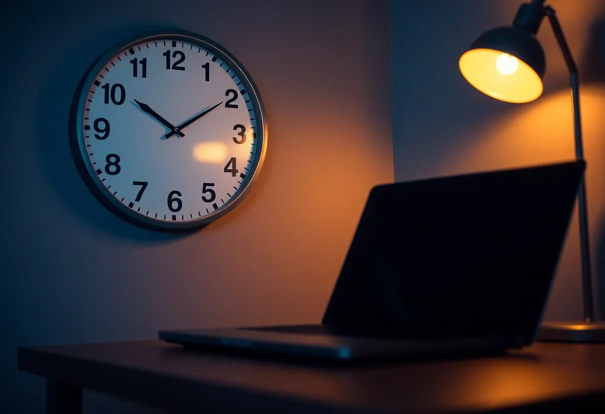 A closed laptop beside a wall clock