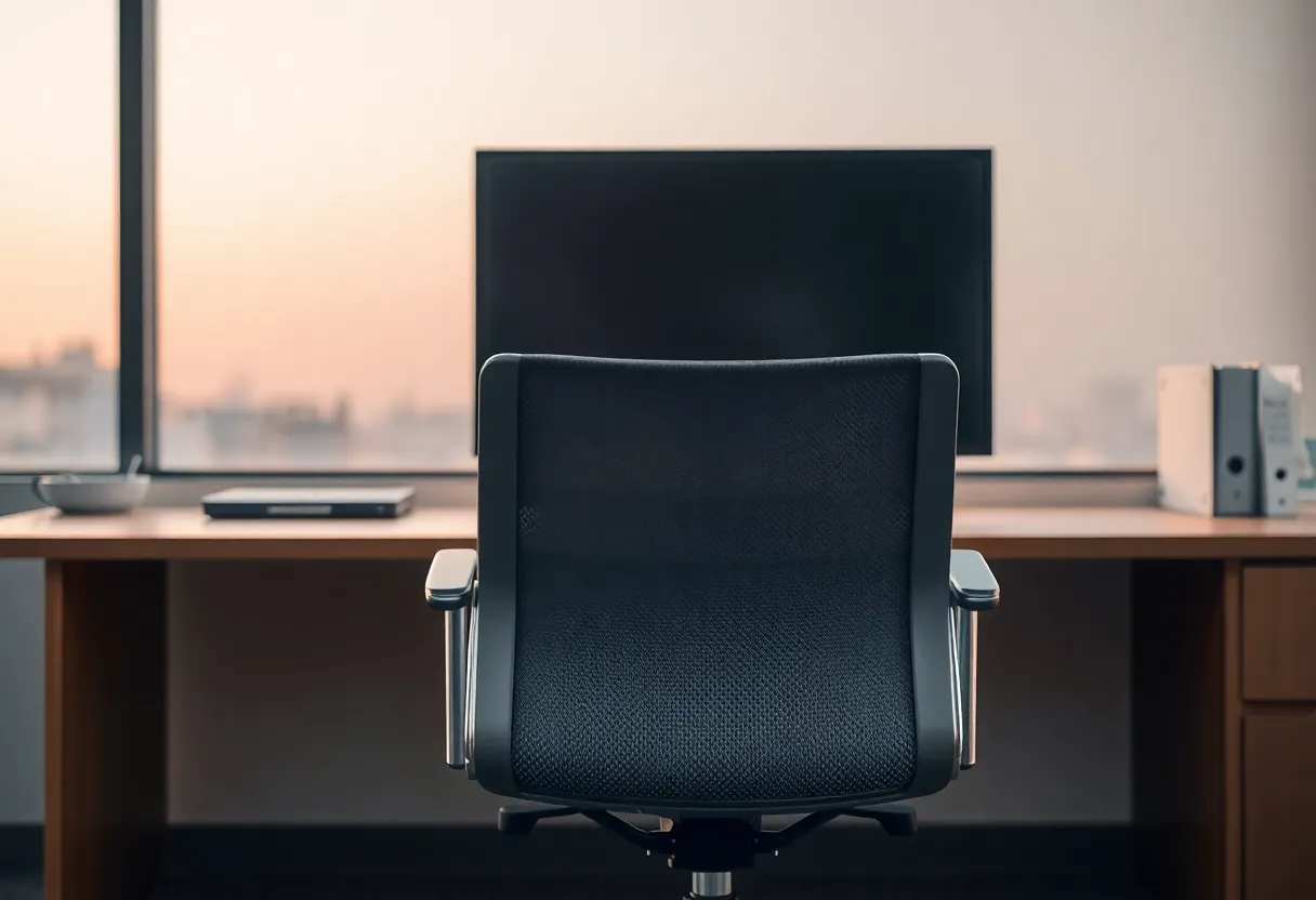 An empty chair in front of a dark monitor
