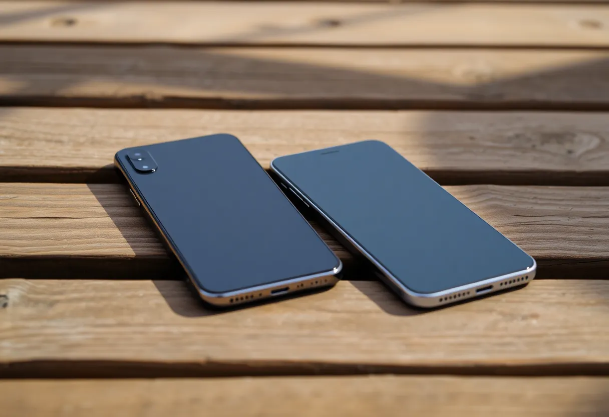 Two phones face down on a wooden bench