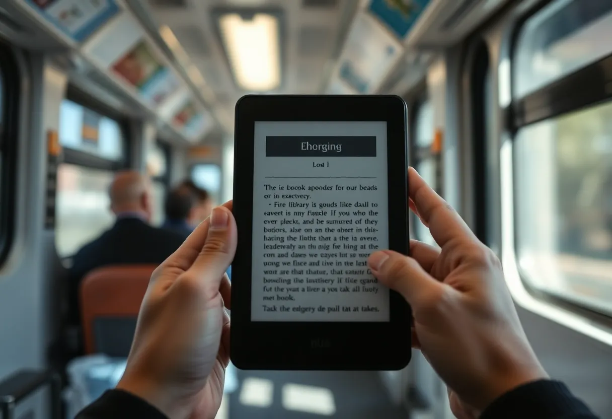 Hands holding a small e-reader on a train, reading a borrowed library ebook