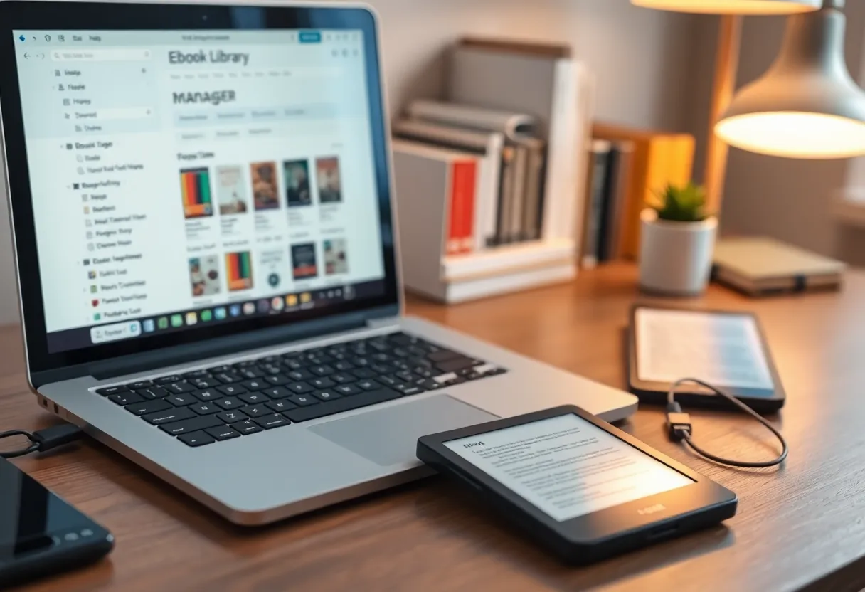 A laptop running an ebook library manager next to an e-reader connected by USB cable