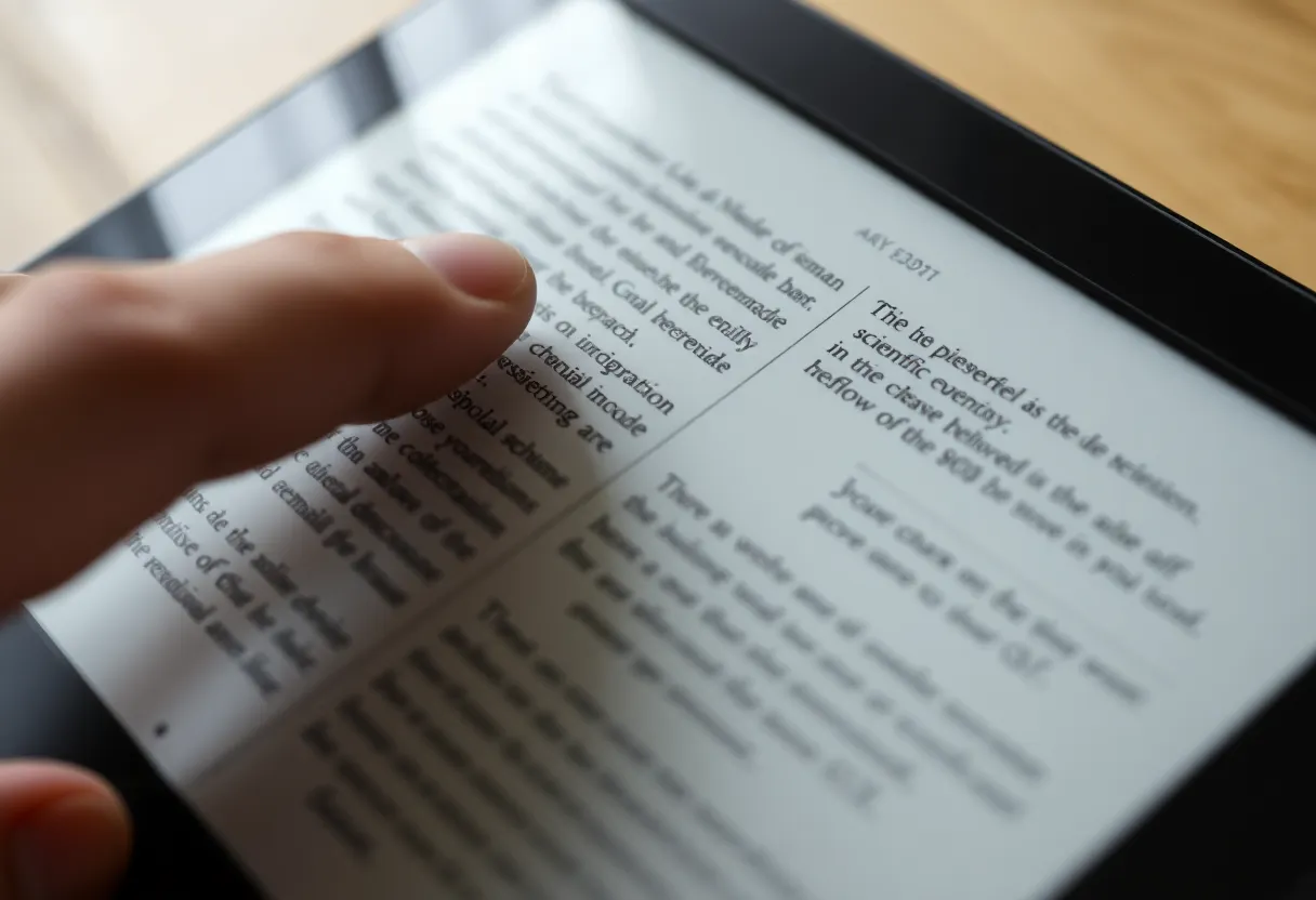 E-ink screen showing a two-column research PDF reflowed into a single column, with a physical page-turn button