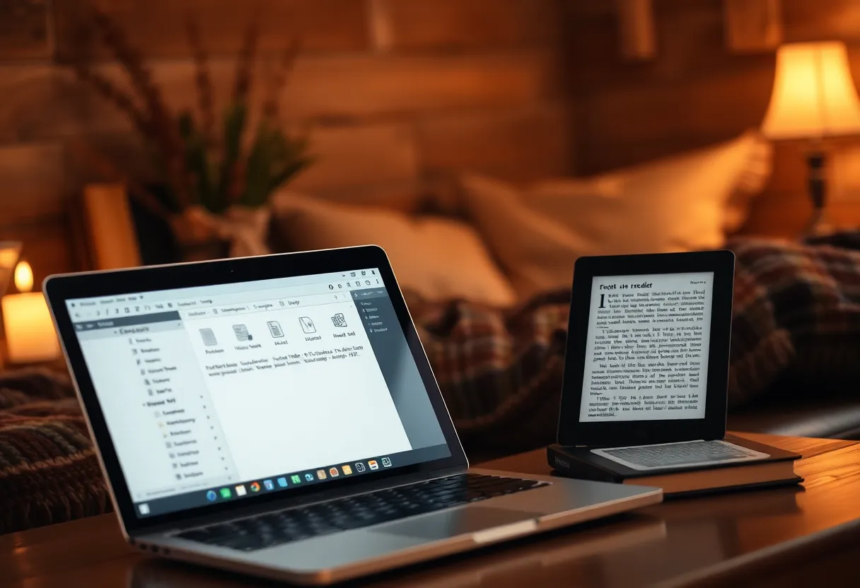 A laptop with a folder of EPUB and PDF files syncing wirelessly to an e-reader in a reading nook