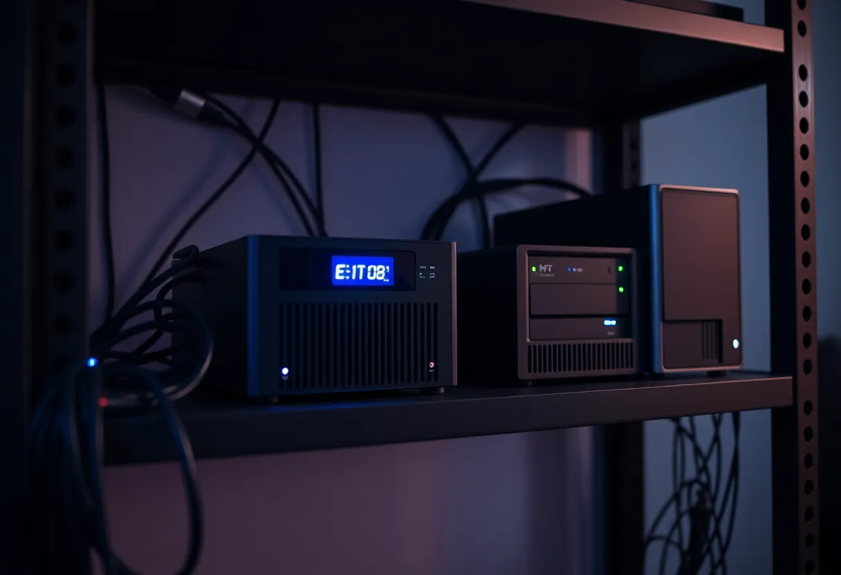 A homelab shelf with two mini PCs and a NAS with glowing status lights