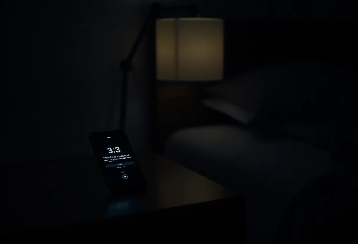 A smartphone on a nightstand lighting up with an incident alert at night