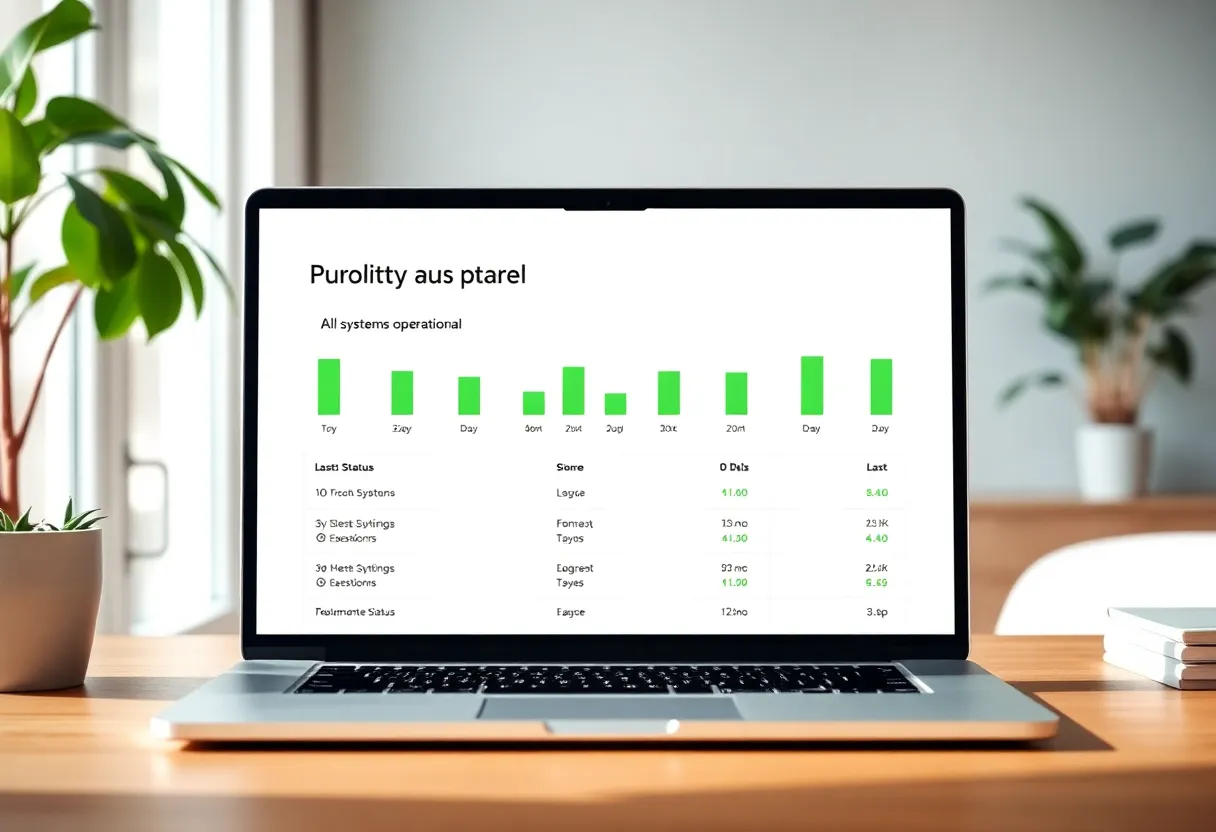 A public status page on a laptop showing all systems operational with green uptime bars