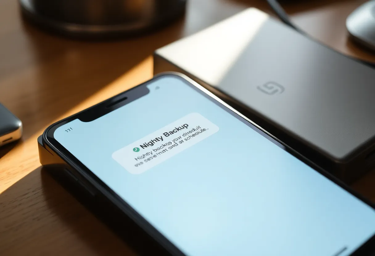 A phone showing a missed backup job alert next to an external hard drive