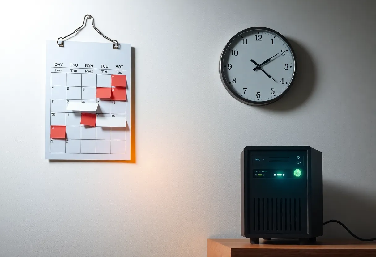 A wall calendar and clock next to a small home server, representing scheduled jobs