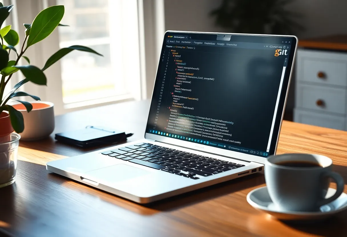 Laptop showing a self-hosted git web interface with commits and branches