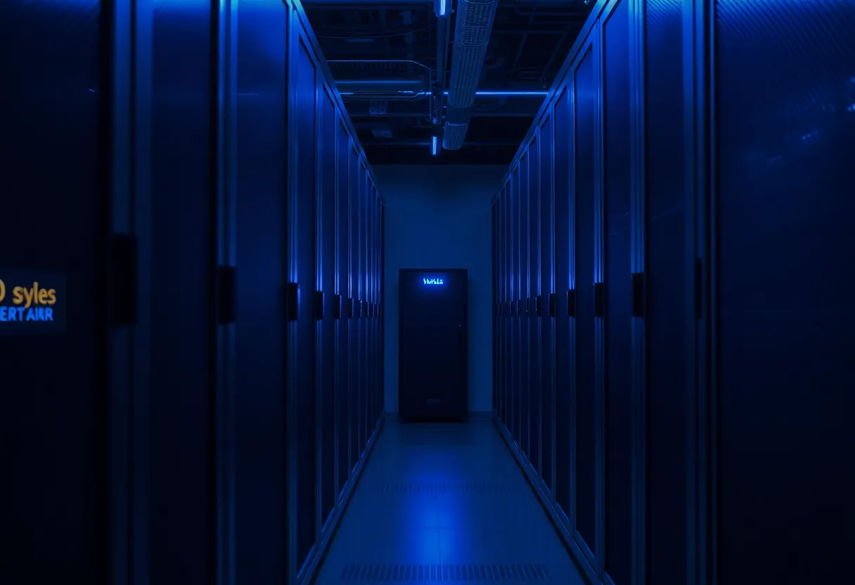 A row of servers in a data centre with one small virtual server highlighted