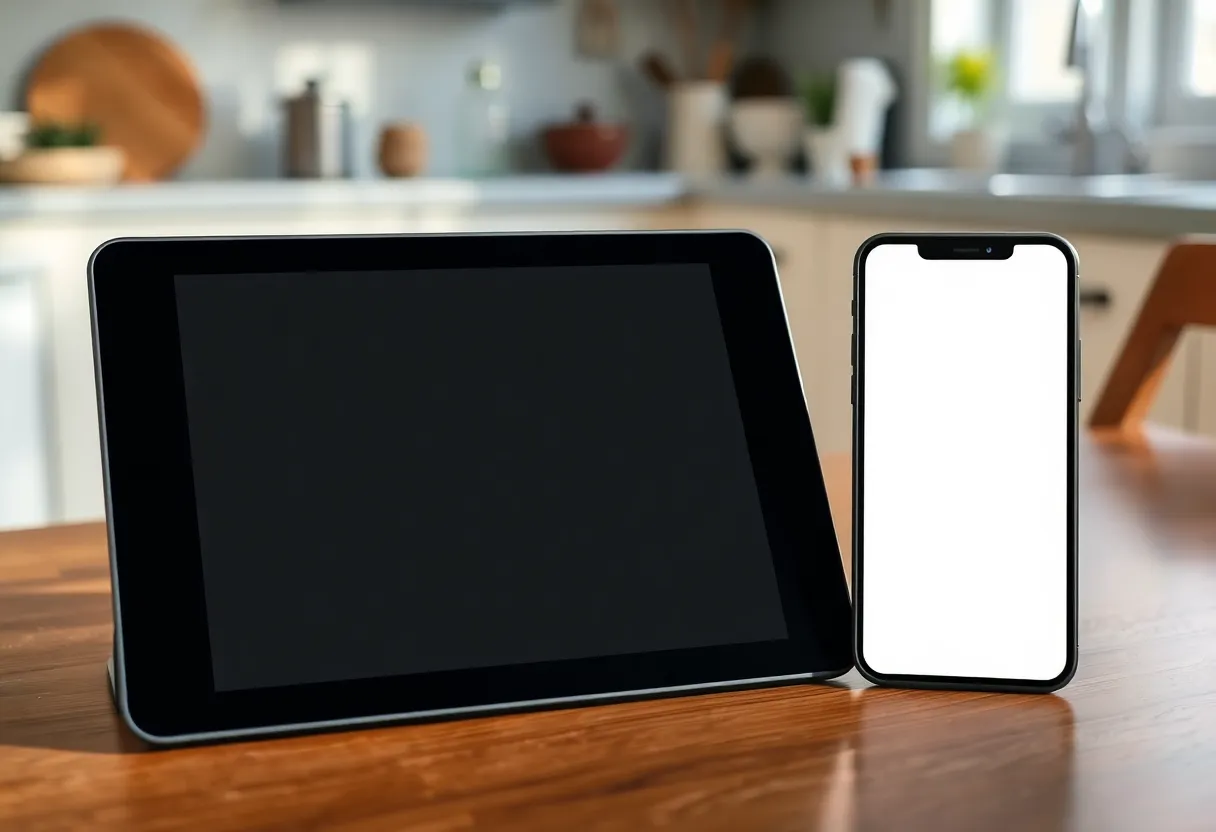 An e-ink tablet beside a phone, both with blank screens on a table