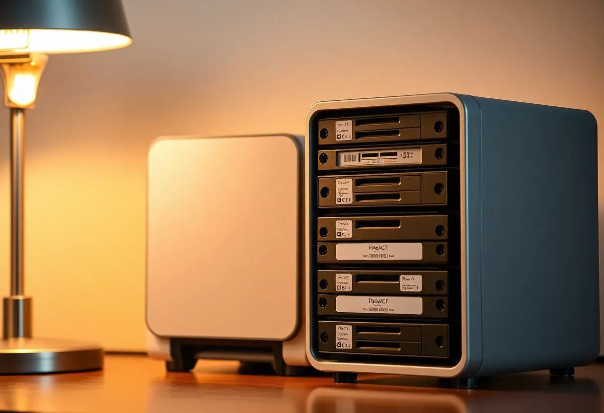 A mini PC home server next to a stack of external hard drives