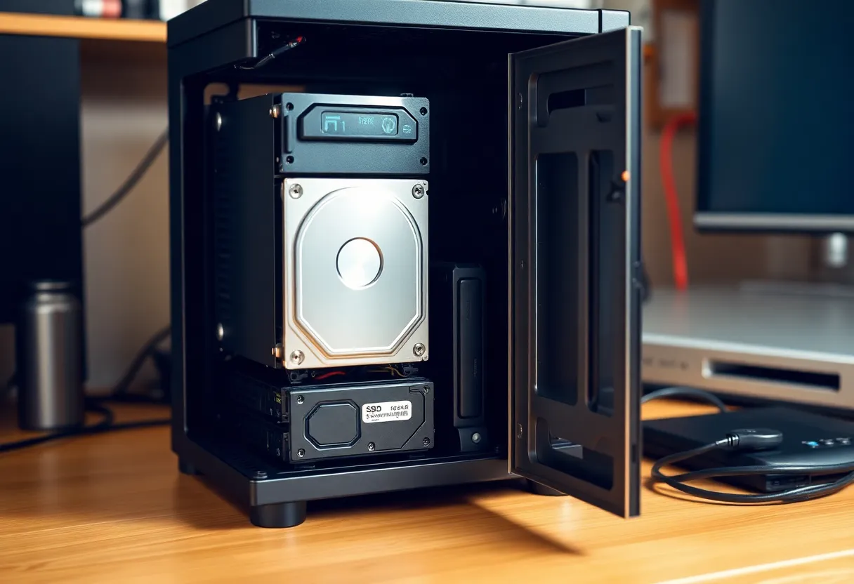 A home server with mismatched hard drives of different sizes and an SSD