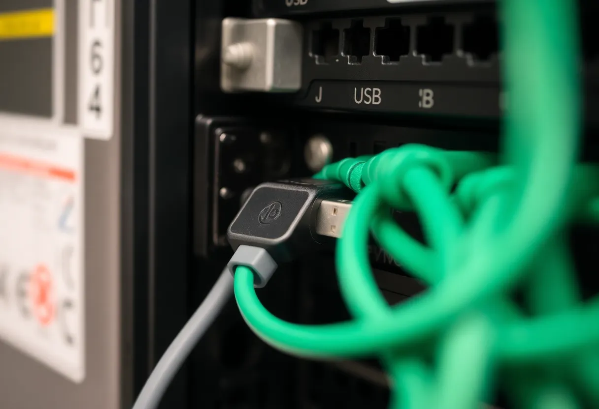 A USB flash drive plugged into the back of a home server