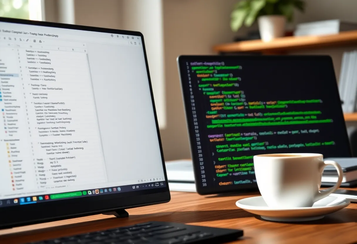 A code editor with a short JavaScript function next to a spreadsheet