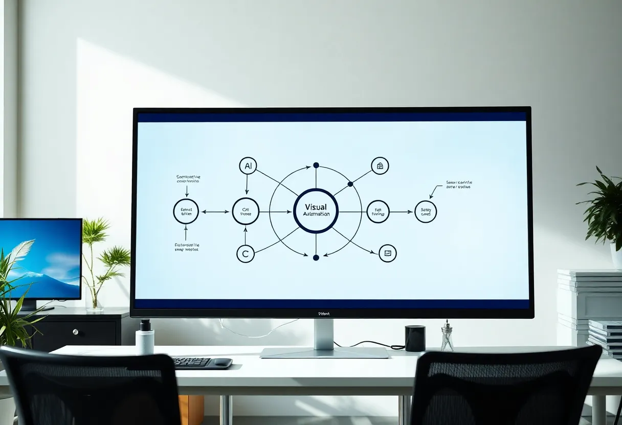A visual automation workflow of connected nodes on a large monitor