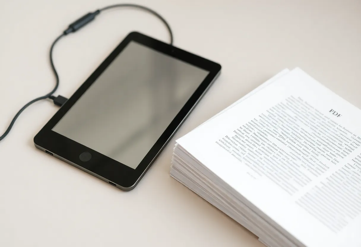 Printed pages beside a powered-off e-ink tablet and a USB cable