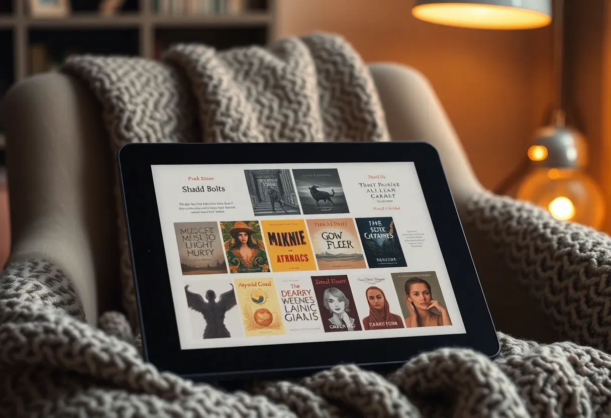 An e-reader showing a grid of book covers in muted colour
