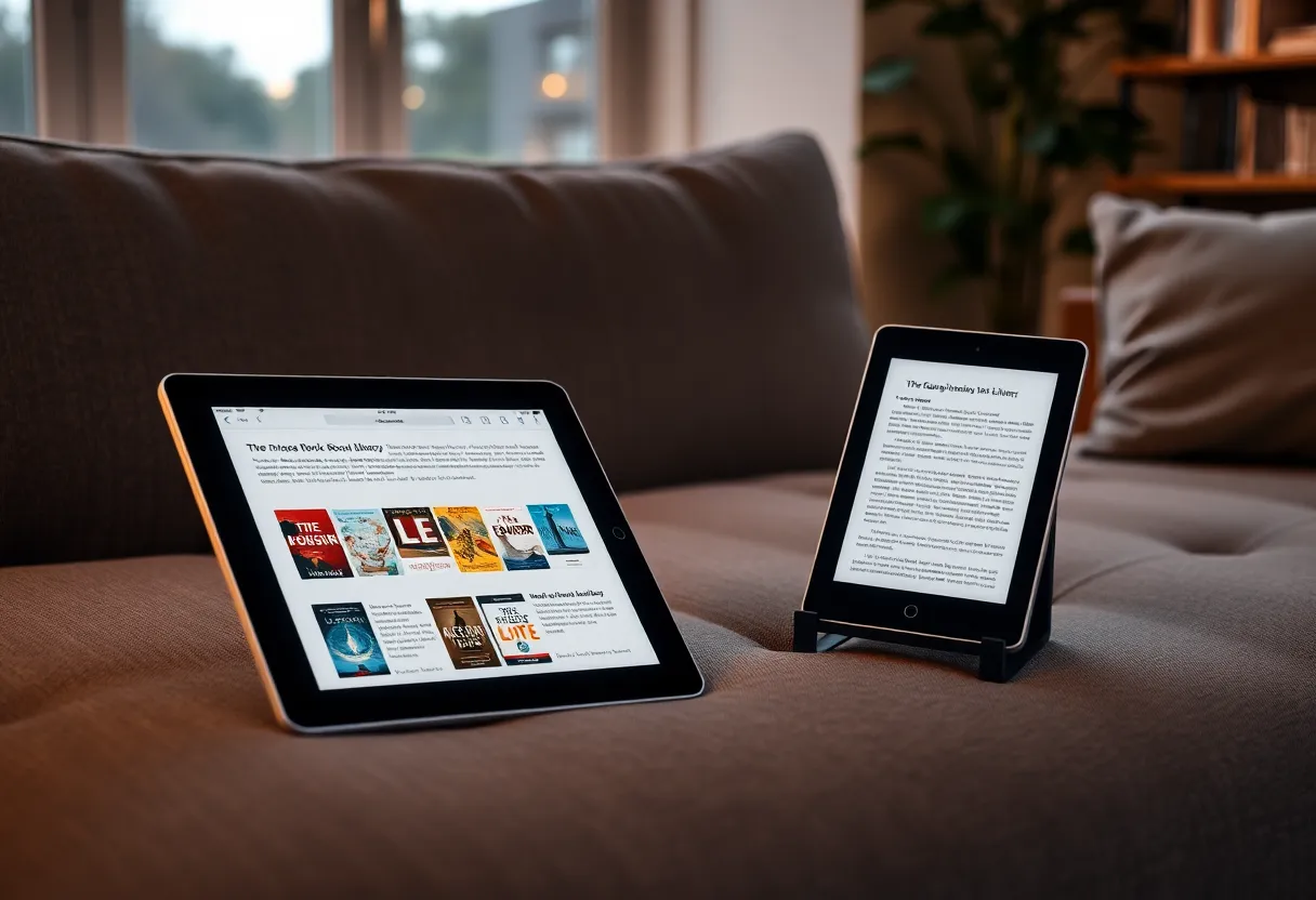 A tablet and an e-reader both showing a web-based personal ebook library