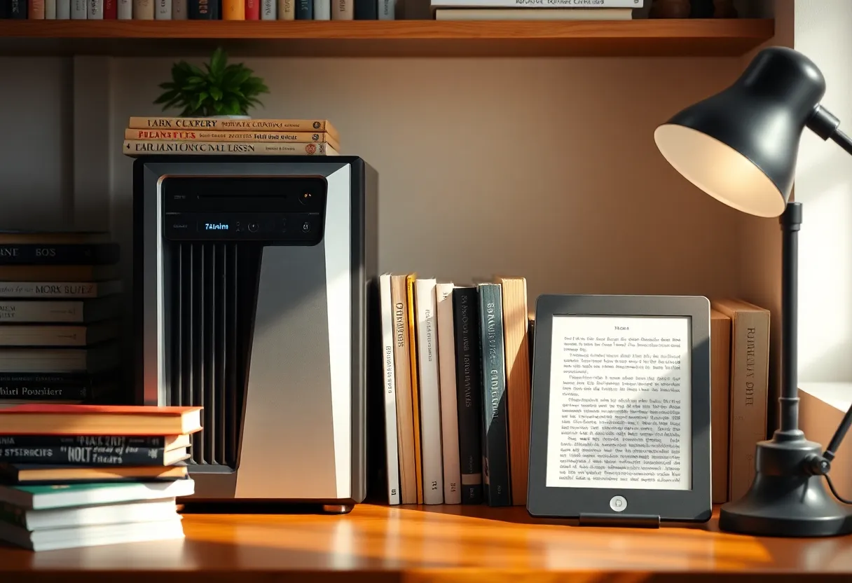 A small home server next to paperback books and an e-reader