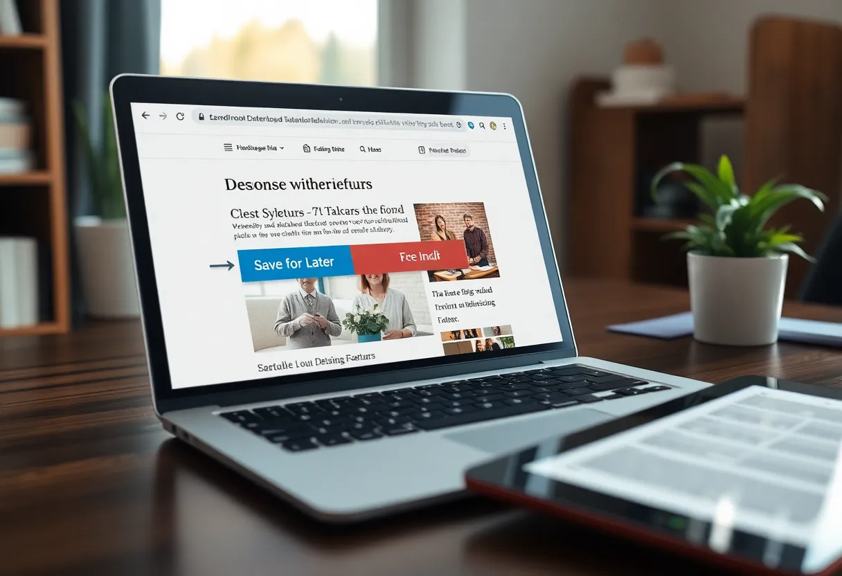 Saving a news article for later in a laptop browser, with an e-ink tablet beside it
