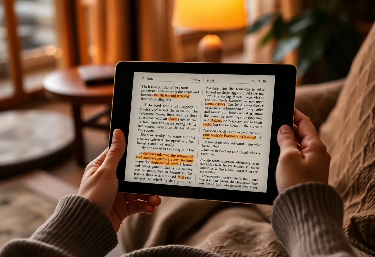 Hands holding an e-ink tablet with highlighted passages in a saved article