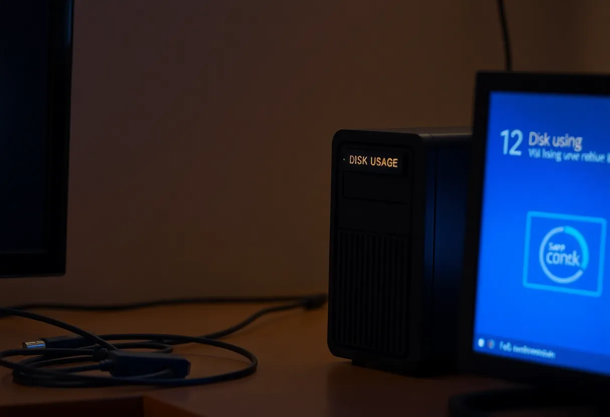 A small home server with a disk usage warning on a nearby screen