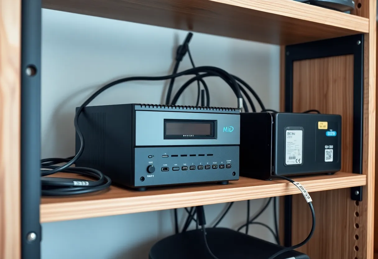 A mini PC home server and an external SSD on a shelf