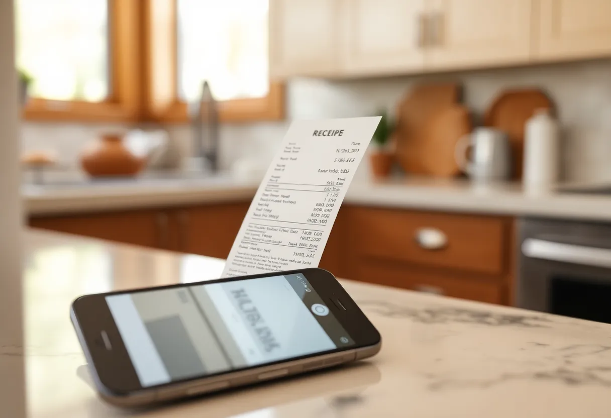 A phone scanning a paper receipt on a kitchen counter