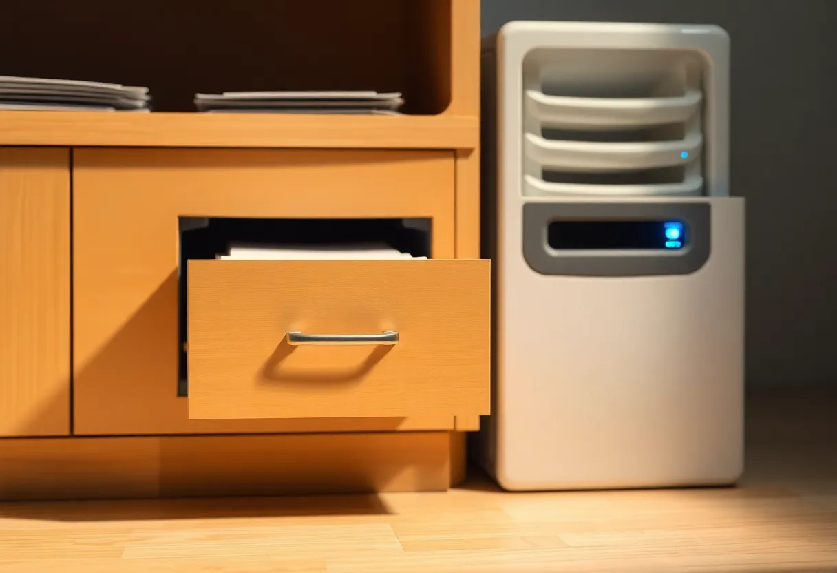 A filing cabinet drawer half open next to a small home server