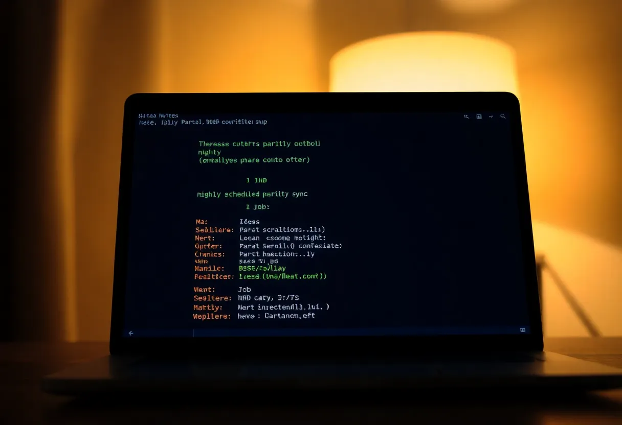 A laptop terminal showing a nightly scheduled parity sync completing