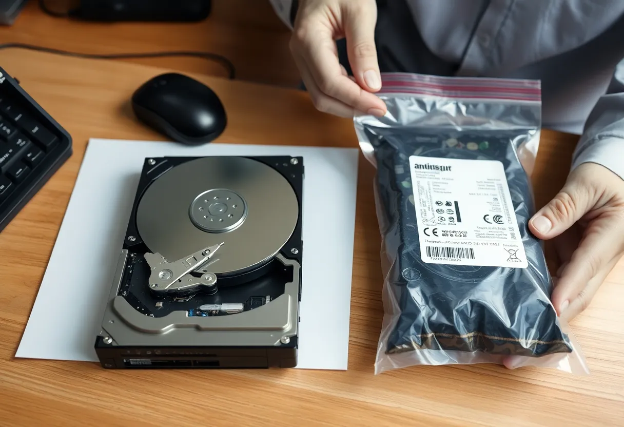 A failed hard drive next to a new replacement drive in an anti-static bag