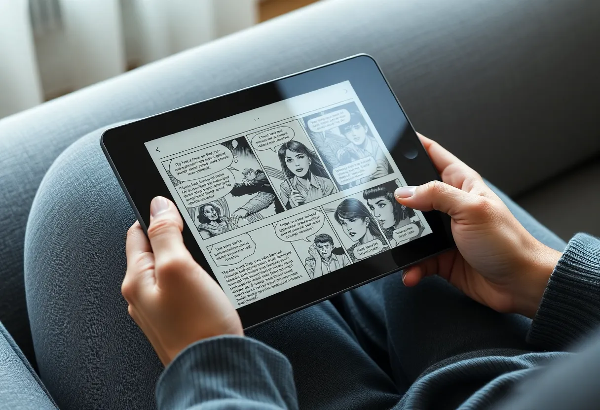 A colour e-ink tablet displaying a comic page in muted colours