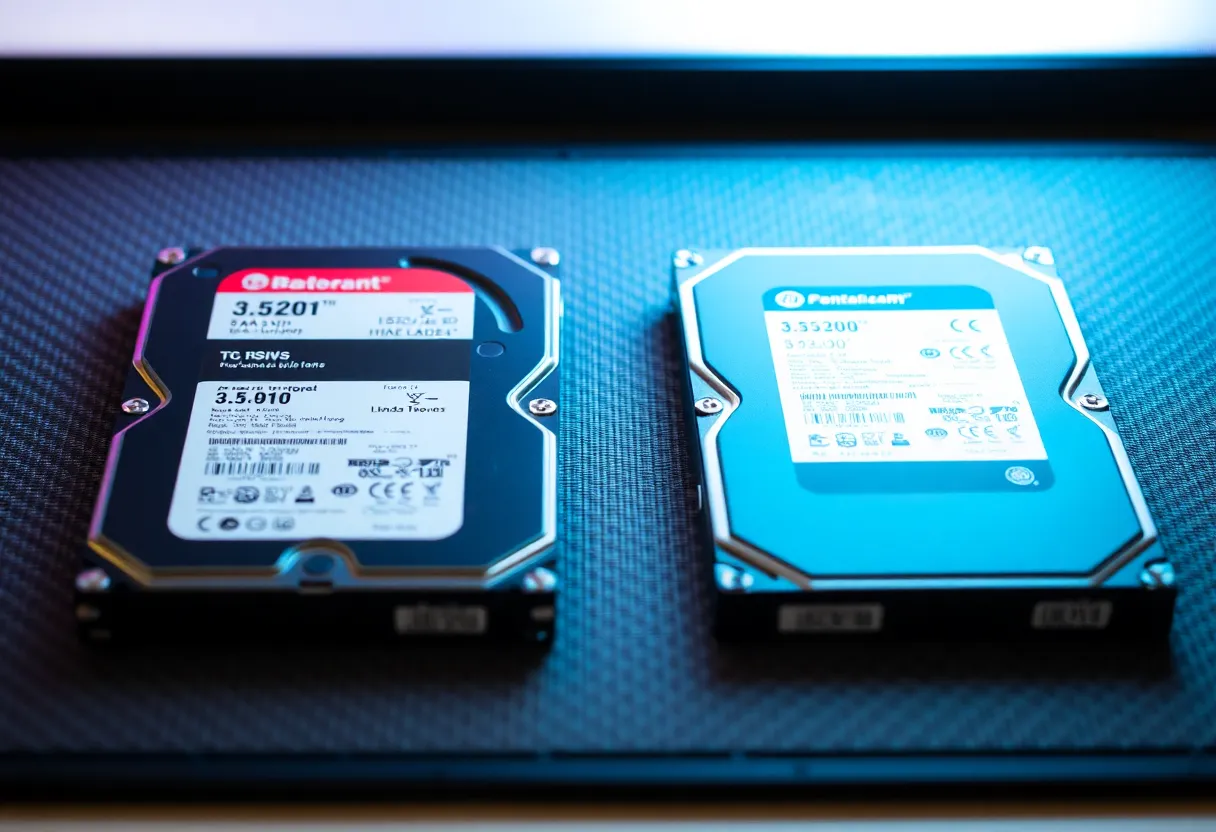 Two NAS hard drives side by side on an anti-static mat