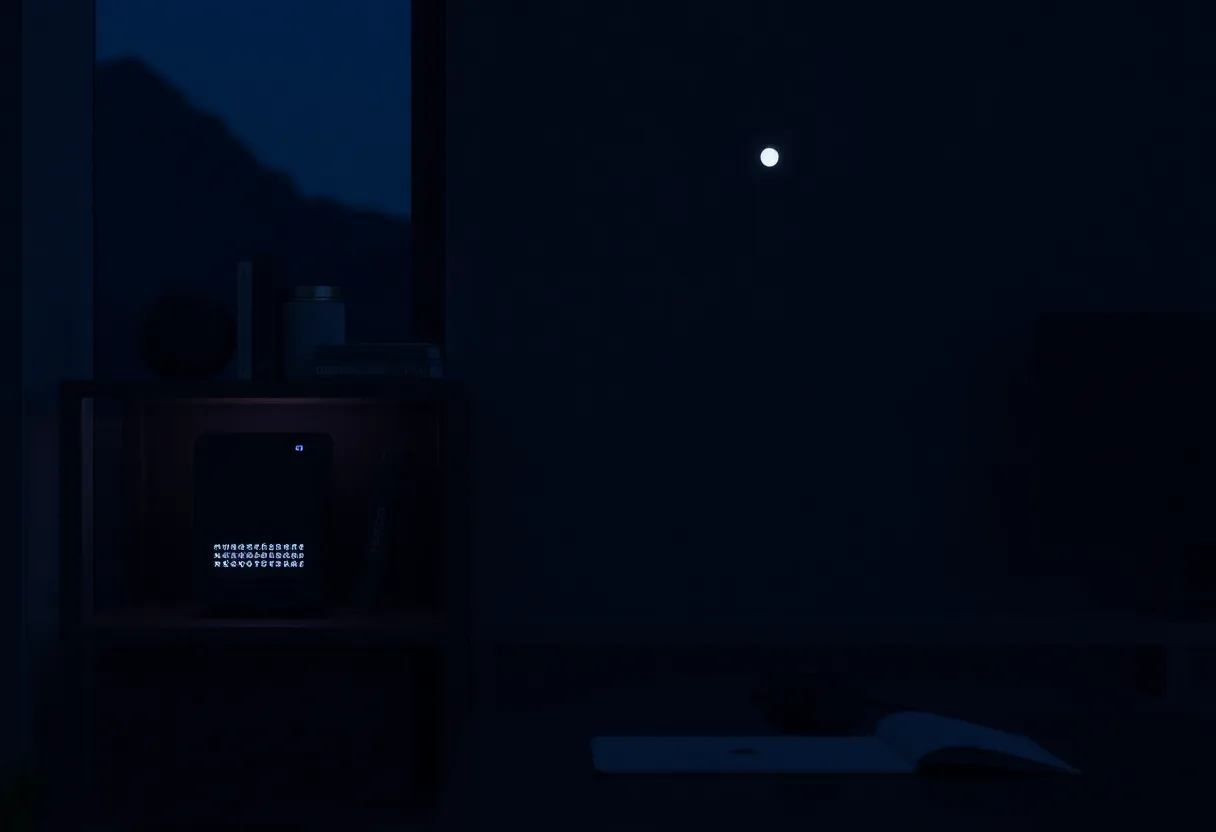 A small NAS blinking on a shelf in a quiet home office at night