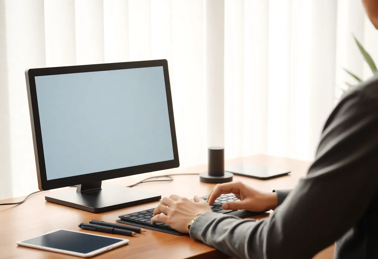 A writer at a desk with an e-ink monitor beside a regular LCD screen