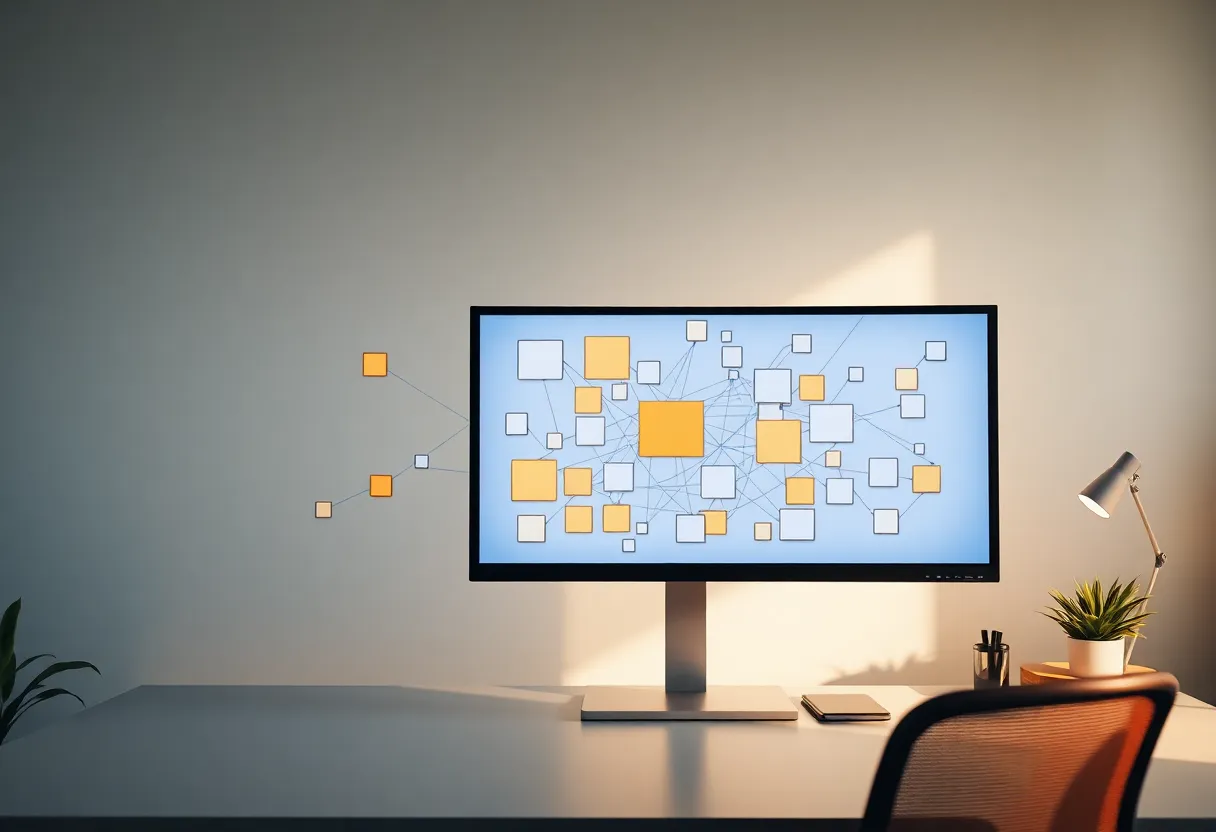A node-based visual automation canvas with connected boxes on a wide monitor