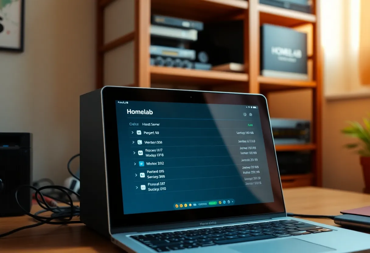 A laptop showing container status for a small self-hosted server