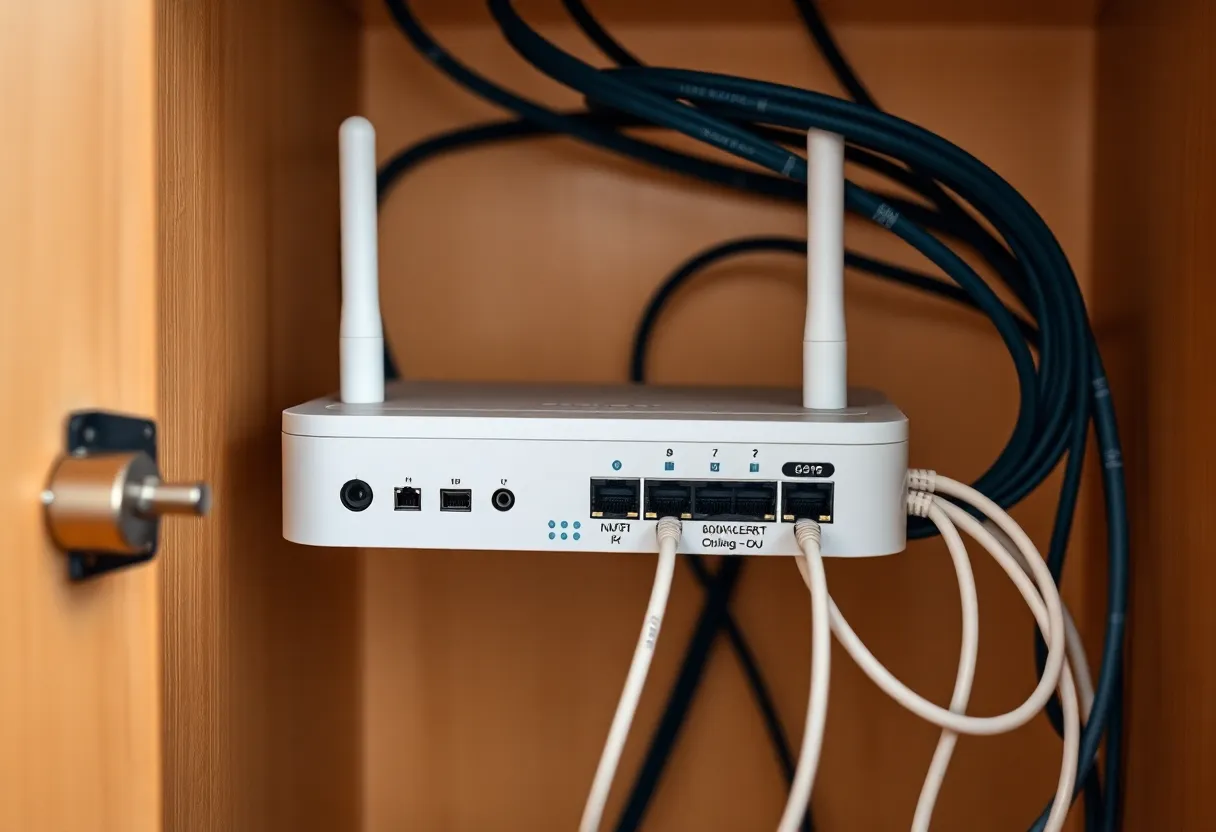 A home network cabinet with a small switch, router and PoE cables