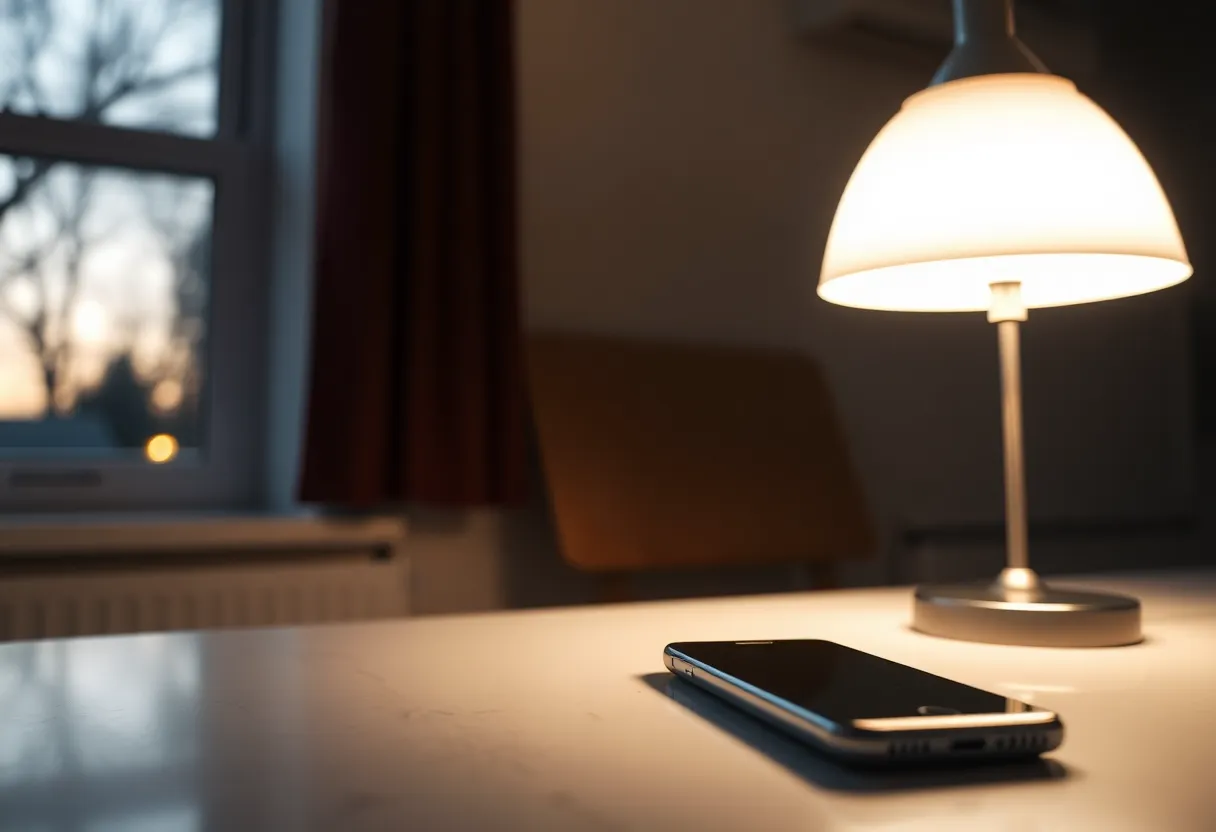 A phone on a kitchen counter beside a lamp that is still on
