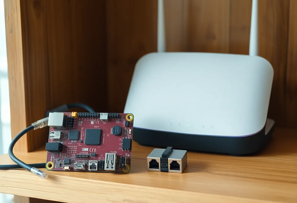 A Raspberry Pi with an ethernet cable beside a small home router