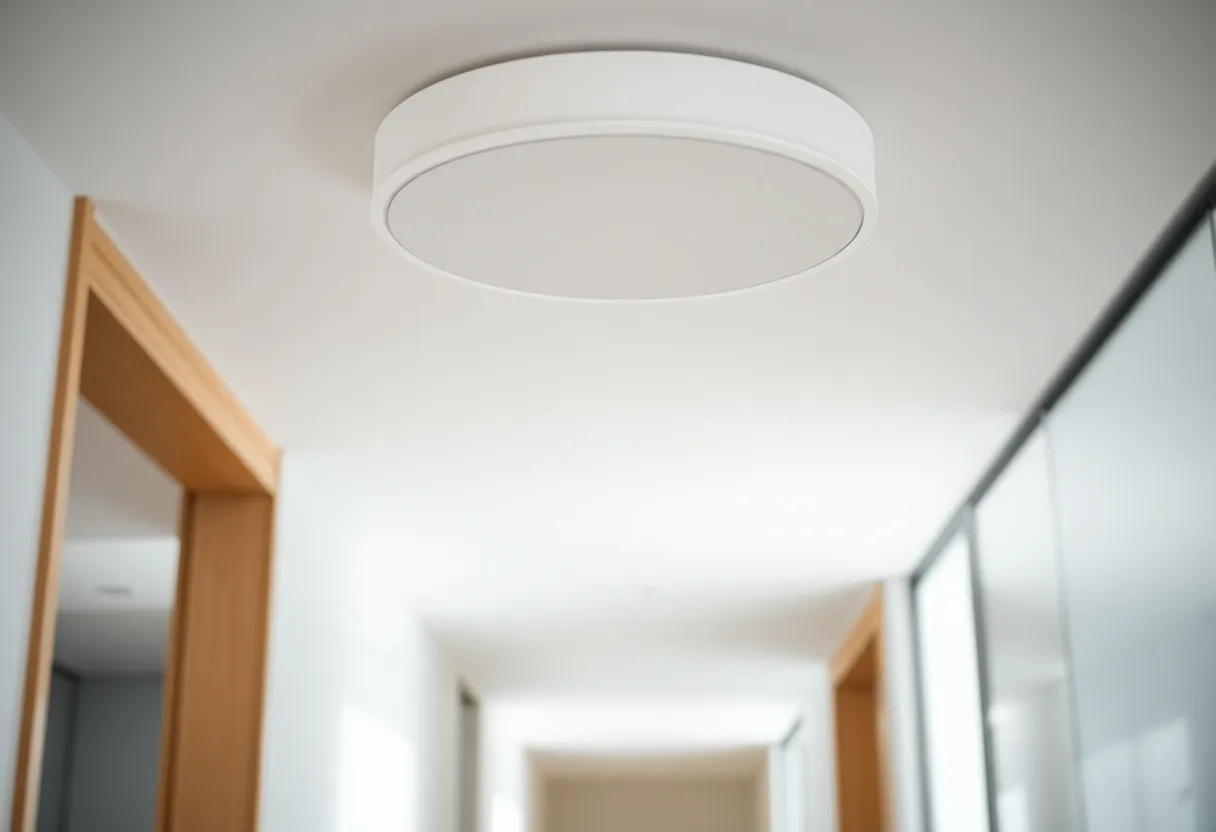 A white ceiling-mounted Wi-Fi access point in an apartment hallway