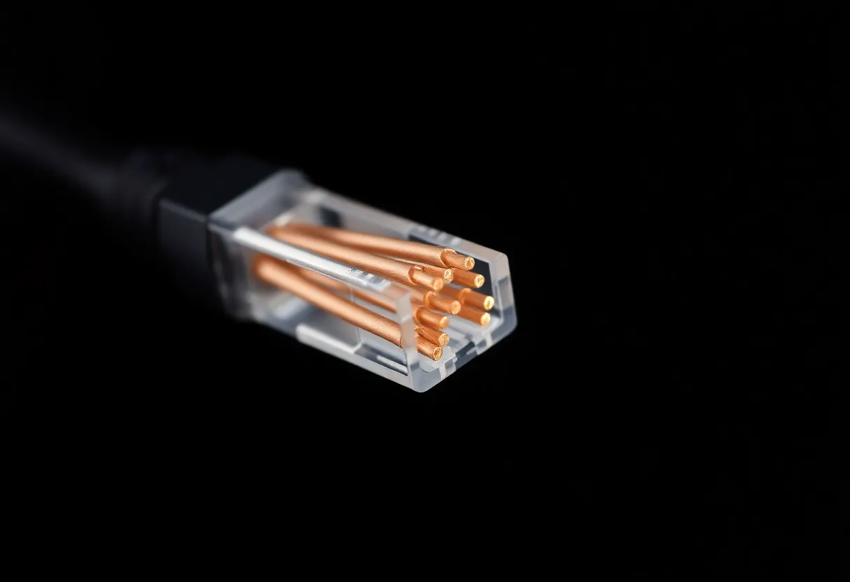 The cut end of an Ethernet cable showing four twisted copper pairs
