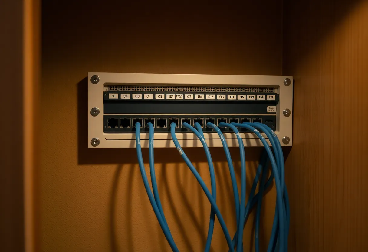 A wall-mounted patch panel in a home utility cupboard with labelled cables