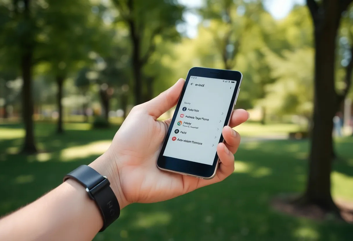 A hand holding a small e-ink phone with a simple text-based home screen