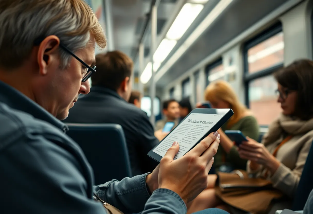 A person reading on an e-ink phone on a bus among people using bright smartphones